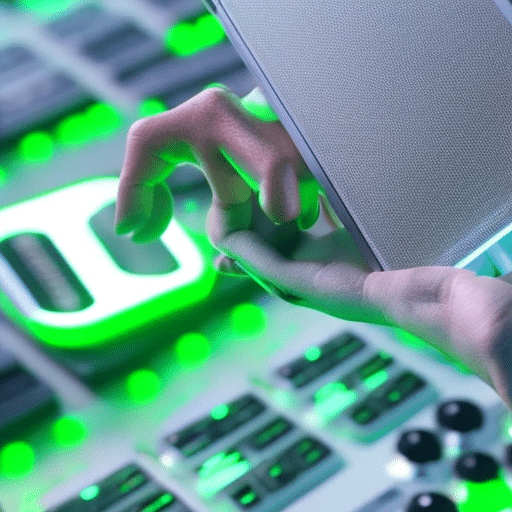 of a hand pressing a button on a computer that is connected to a network of devices with a glowing green background