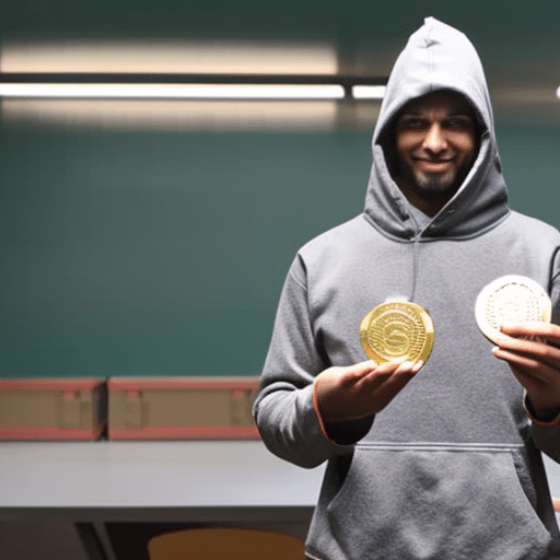 N wearing a hoodie, holding a hand full of Pi coins, with a computer and a stack of Pi coins in the background