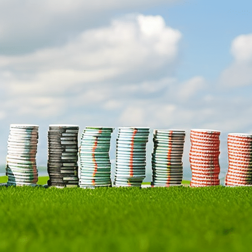 F 3-4 paper wallets with Pi coins stacked in front of a vibrant green field on a sunny day