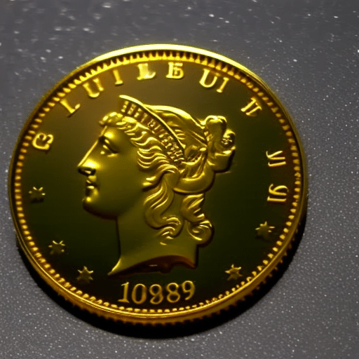 -up of a 3-dimensional golden Pi Coin, spinning slowly on a dark background, with light reflecting off its edges
