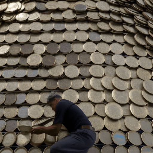 L of a person in front of a large stack of coins with a magnifying glass, studying the coins closely
