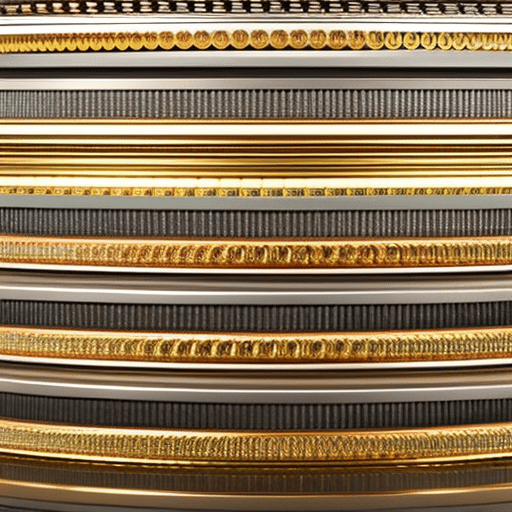 An image of a large stack of coins, made up of a mix of gold, silver, and copper coins
