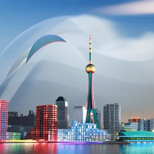 Lustration of a colorful, spinning Pi Coin with a backdrop of a growing skyline, representing economic growth