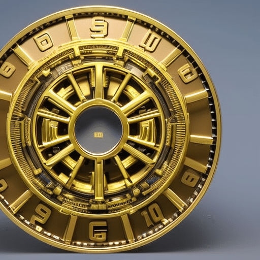 Ensional computer model of a gear-like, blockchain-shaped Pi Coin with a center of illuminated, rotating code