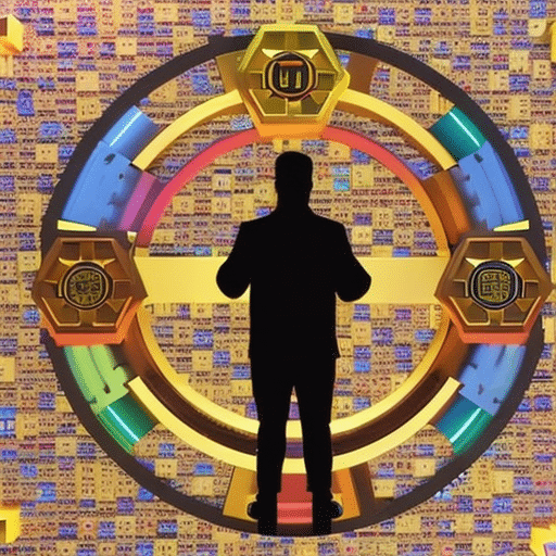 Ze a computer engineer surrounded by a circle of interconnected multicolored coding blocks, representing the blockchain, with a golden pi-shaped coin in the center