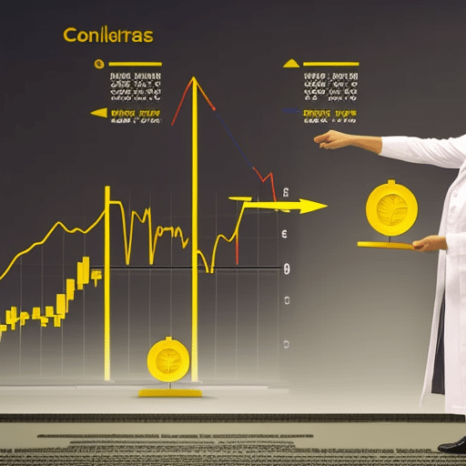N in a lab coat pointing to a chart with a graph of rising and falling lines, a golden coin, and a glowing 3