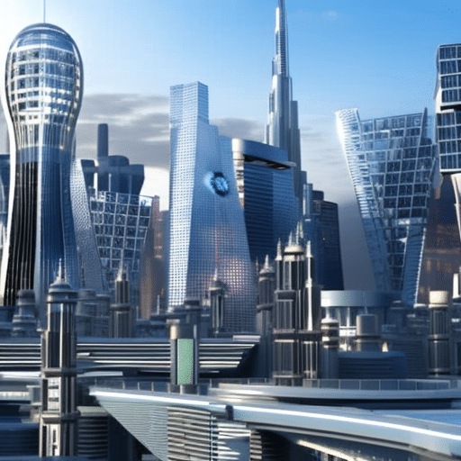 Ndering of a futuristic cityscape with a large Pi Coin logo in the center, surrounded by multiple buildings with people interacting and utilizing the benefits of the blockchain technology