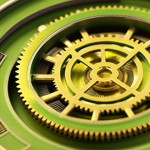 -dimensional model of a circular gear system, with coins in vibrant hues of green and yellow, spinning in harmony
