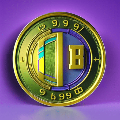 W, 3-dimensional, circular coin with a π symbol in the center, surrounded by green, glowing lines of code, floating on a purple and blue gradient background