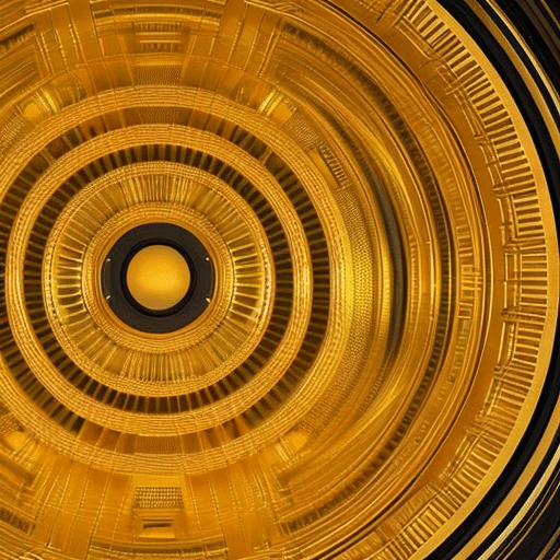 Led illustration of a 3D interconnected network of spinning golden Pi Coins, radiating outwards from a central hub