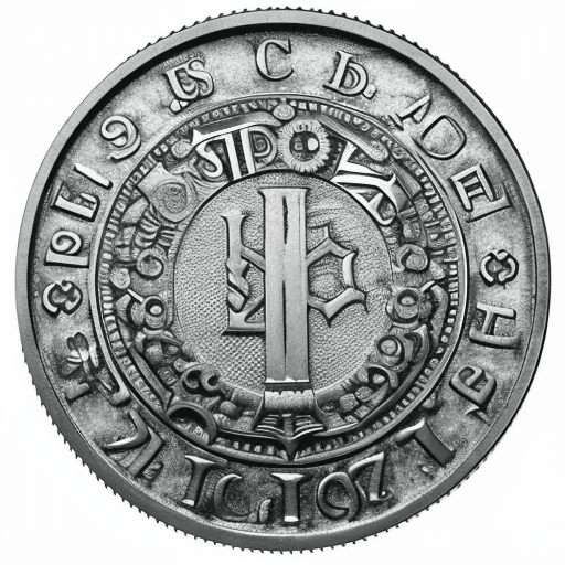 -up of a circular, silver coin with a symbol of a 'pi' in the center, surrounded by dozens of small, interlocked cogs