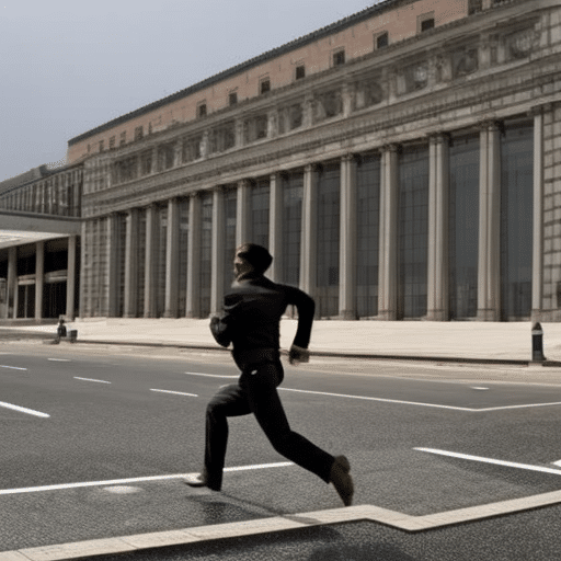 An image of a person carrying a pi coin, running away from a collapsing bank building