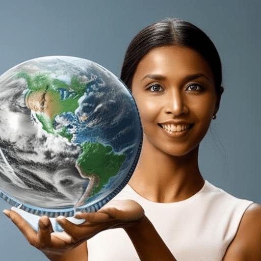 holding a globe, with a 3-dimensional model of a Pi Coin superimposed on it