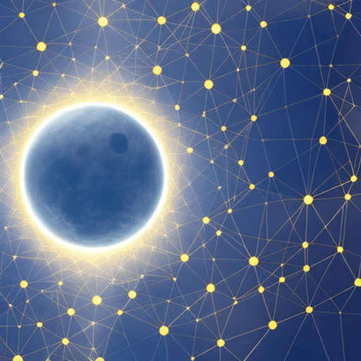 E of a rising golden sun, with its rays beaming out in the shape of a pi symbol, overlaid on a background of interconnected blockchain nodes