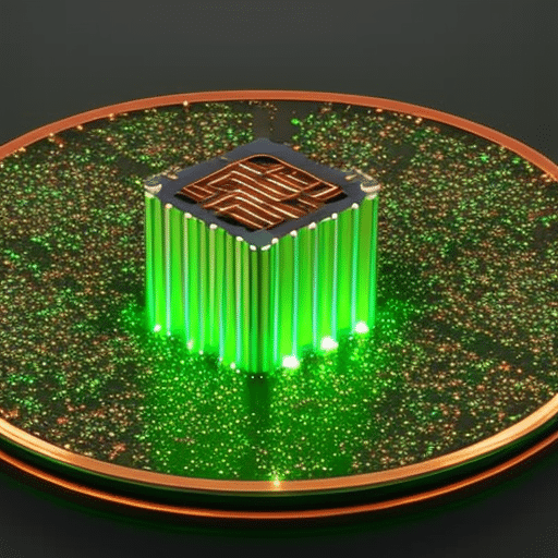 Ex circuit board with glowing copper-colored chips and wires, surrounded by a ring of sparkles and a glowing green cube