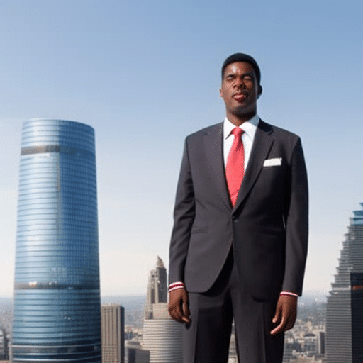 N of color in a business suit, holding a pi symbol, standing in front of a cityscape of tall buildings with a revolution-style flag in the background
