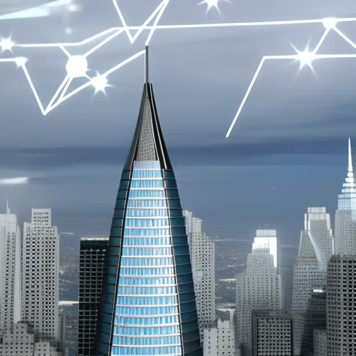 Aph of a coin spinning above a skyline of buildings, with financial graphs projected onto it