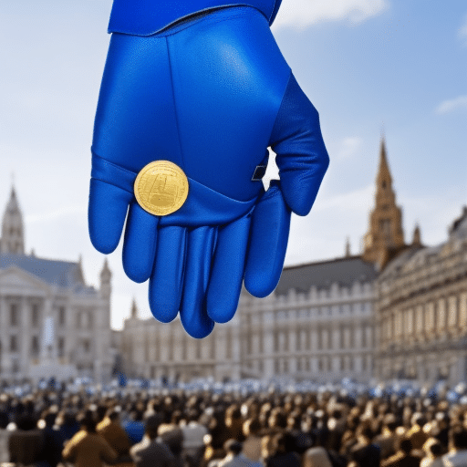 In a bright blue glove holding a golden pi coin, with a background of a diverse crowd of people with their hands outstretched