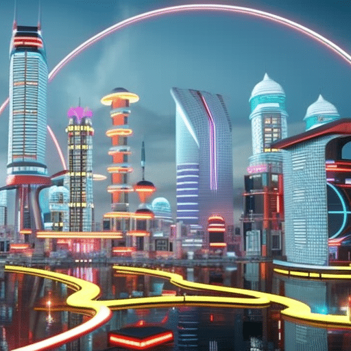 Stration of a futuristic cityscape with a large glowing 3
