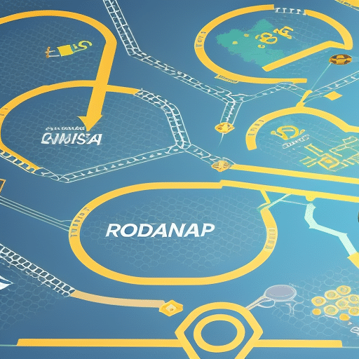 Ful, abstract illustration of a roadmap with different nodes, pathways, and structures representing the Pi Coin Governance Roadmap