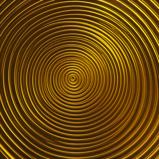 Age of a gold coin with an intricate, circuit-like maze of lines that form a spiral on the surface of the coin