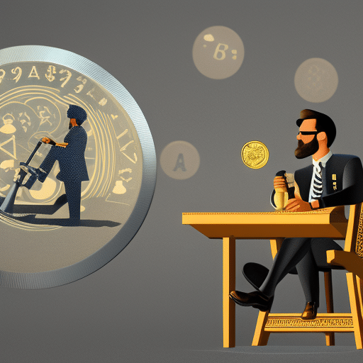 Stration of a person sitting on a chair, legs crossed, with a magnifying glass in one hand and a handful of pi coins in the other, looking into the distance thoughtfully