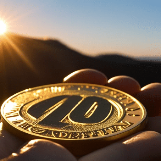 -up of a person's hand holding a golden Pi Coin in a gesture of hope and optimism, set against a backdrop of a rising sun and a horizon of endless potential