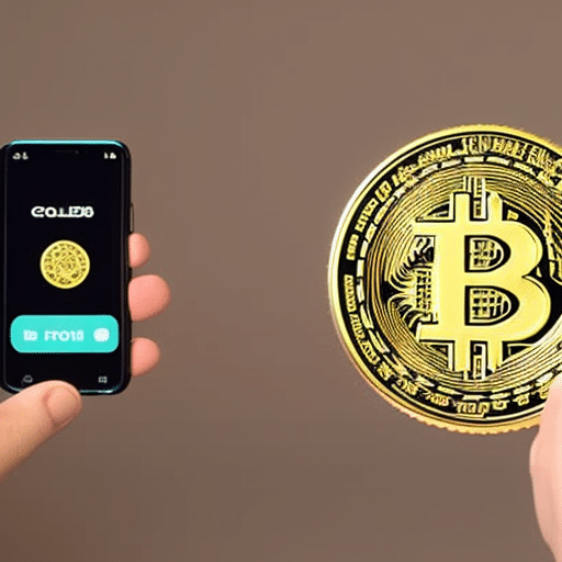 image of people using a smartphone to pay for goods with a circular, golden-colored cryptocurrency coin
