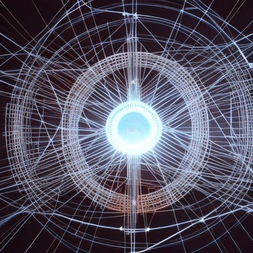 Icate 3D network diagram showing nodes connected by glowing wires, with a rotating pi coin in the center