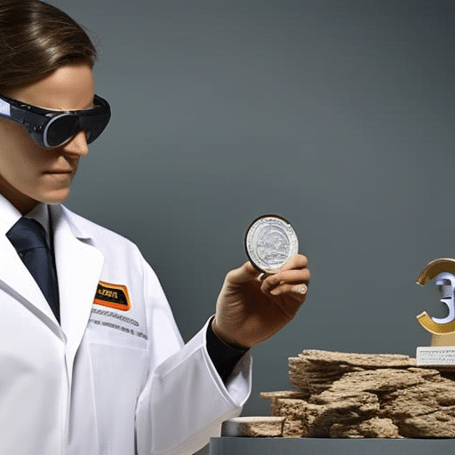 N wearing a lab coat and safety glasses, examining a 3D model of a Pi Coin with a magnifying glass
