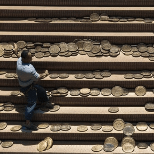 E of a person climbing a large staircase made of coins depicting the Pi Coin Network, with a look of determination on their face