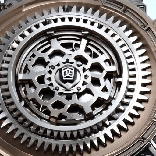 A futuristic metallic build of interconnected cogs and gears, with a shield protecting the network in the center