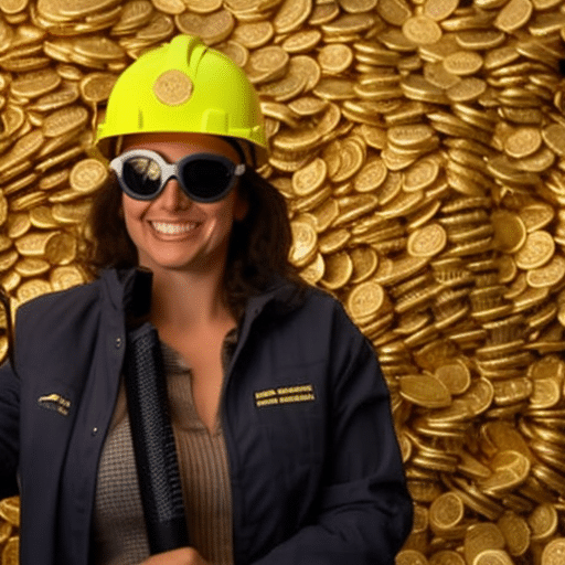 E of a person wearing a hardhat, safety glasses, and a reflective vest, standing in front of a large pile of gold coins, with a shovel in hand