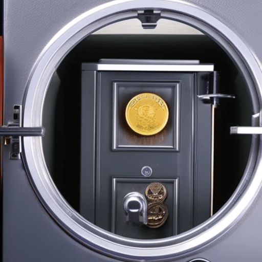 Ate a person walking up to a locked safe, with a colorful Pi Coin in the center of its door