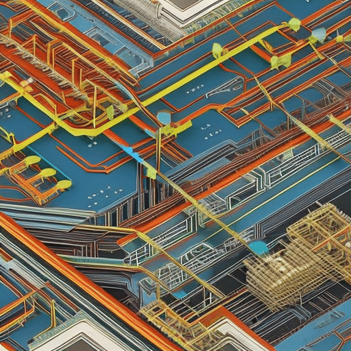 Stration of a complex circuit board with multiple interconnected layers, filled with colorful geometric shapes, connected by intricate threads and pathways