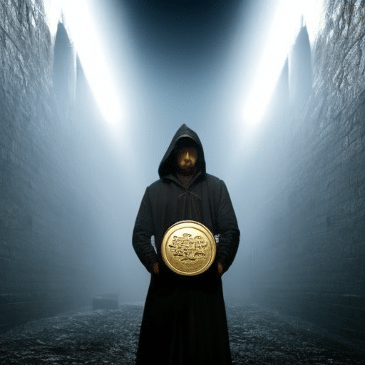 A person with a hood and scarf, holding a pi coin, standing in a dark alley with a strong light shining down