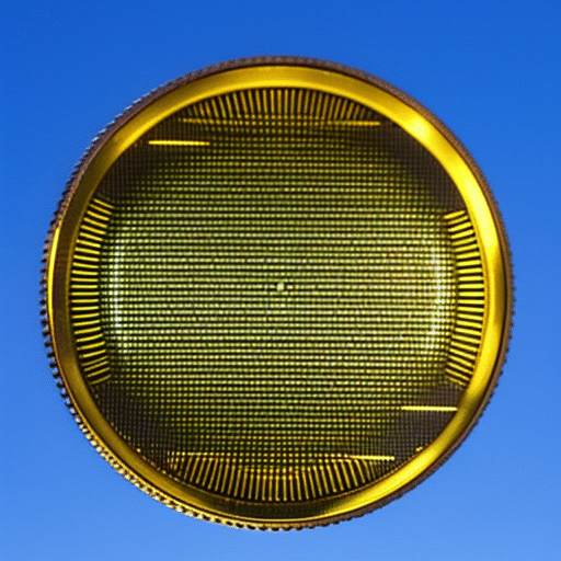 Up of a golden Pi Coin against a sleek, futuristic background of electric blue and yellow lights, with an intricate pattern of binary code in the background