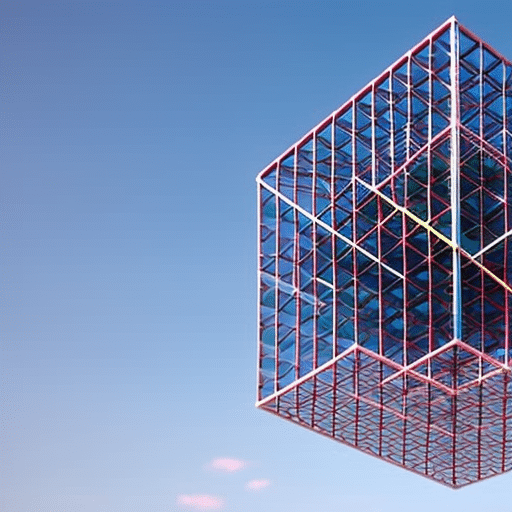 -colored 3D cube with a rotating center that has a pi symbol embedded in it, surrounded by a network of interconnected lines