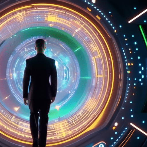 Ate a person in a futuristic space, surrounded by a glowing circle of colorful 3