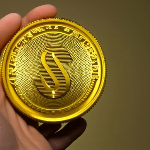 An image of a golden coin with the Pi symbol, held up in the palm of a hand, with a spark of light emitting from it