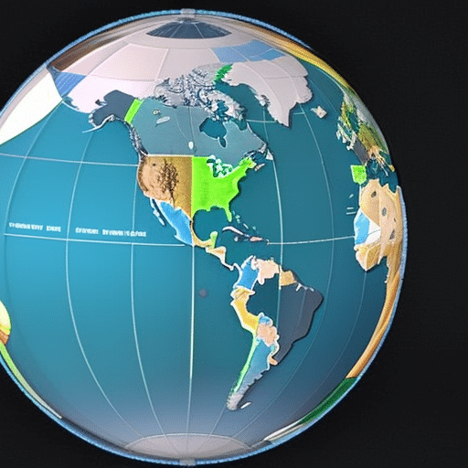 An image of a 3D globe with a color-coded map of the world showing different countries and regions represented by the Pi Coin user demographics