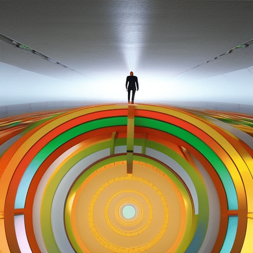 E of a person walking through a tunnel of colorful circles, each one representing a stage in a Pi Coin user journey