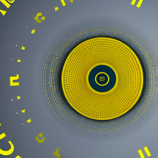 Stration of a 3D world made of interconnected circles with a bright yellow Pi Coin at its center