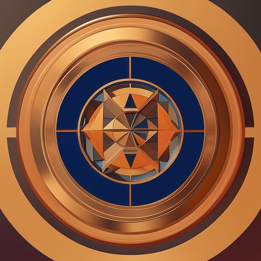 T geometric shapes in warm tones representing investment patterns and growth, with a circular representation of Pi Coin at the center