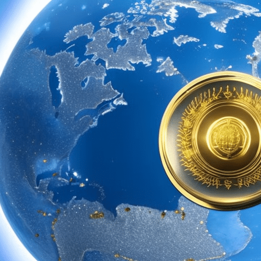Ic of a blue planet with a gold coin in its center, surrounded by a glowing 3D blockchain