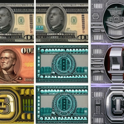 Ge of three 3D renderings of a currency, a wheel, and a robot, with the currency and wheel in the foreground and the robot in the background