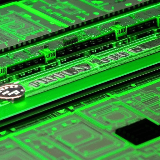 -up of a computer circuit board with a glowing green light illuminating the Pi Coin logo in the center