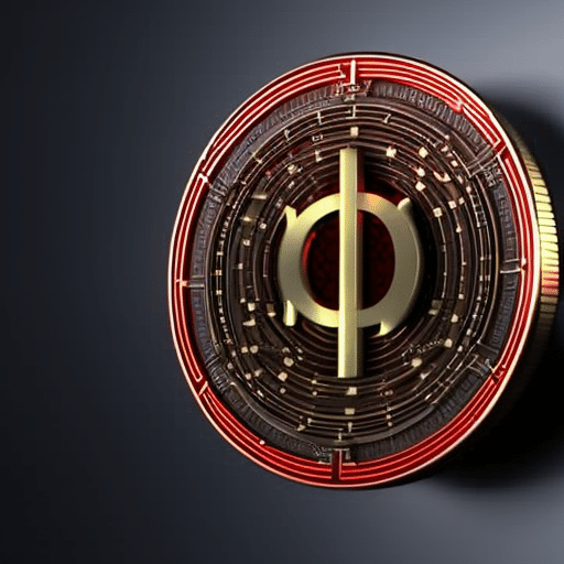 Imation of a Pi coin, with glowing lines of code radiating outward, disrupting a traditional financial system