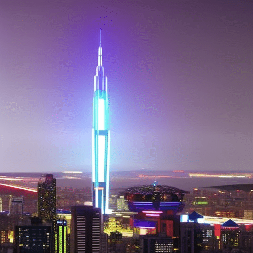Istic cityscape, with a tall sky-rise building with a glowing "Pi"symbol at the top, lit up in bright colors against a night sky