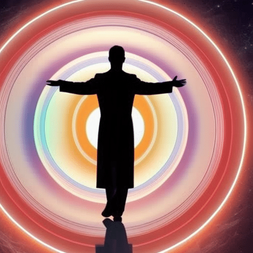 N in a lab coat silhouetted against a backdrop of glowing, abstract shapes in a spectrum of colors, gesturing to a cluster of 3-D rendered, interlocking circles